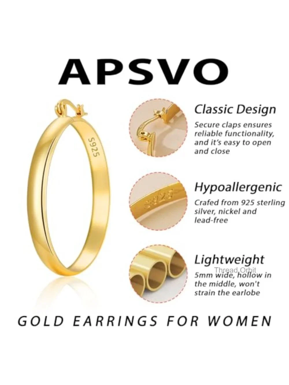 5mm Wide 14K Gold Plated Hoop Earrings Hypoallergenic Sterling Silver